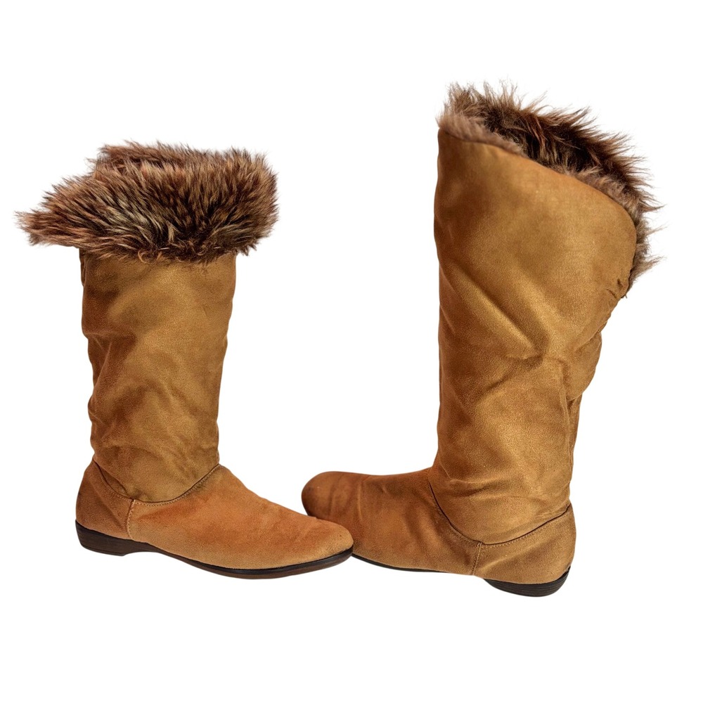 Faux Suede‎ Slouchy Tall Boots with Faux Fur Trim 7 Flat Zip Whimsical Concert